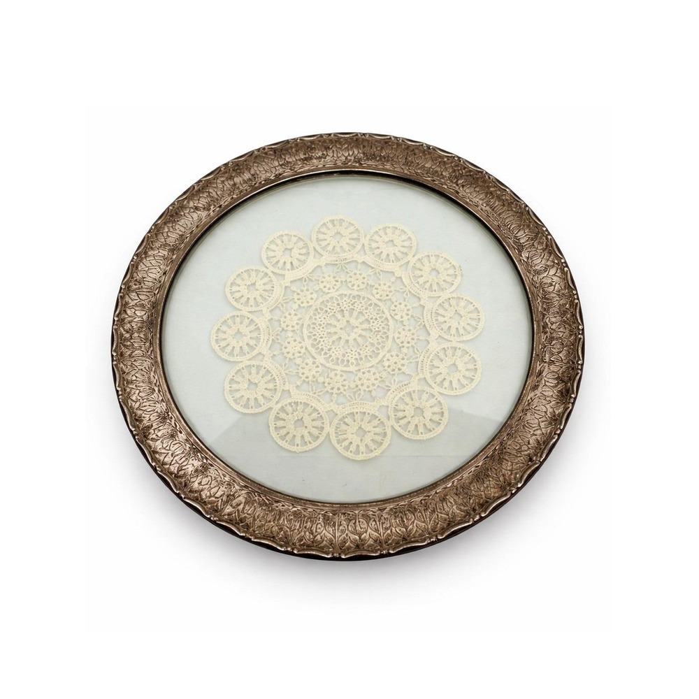 Vintage Silver Tone Glass Lace Doily Tray Round Embossed Floral Platter 12.5"